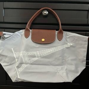 Limited Edition Longchamp Le Pliage Tote, Gray with Eiffel Tower design, Medium